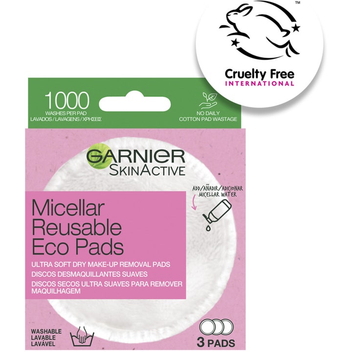 Garnier Skin Active Micellar Reusable Eco Pads 3 kpl meikinpoistoon pinkissä pakkauksessa Cruelty Free -logolla.