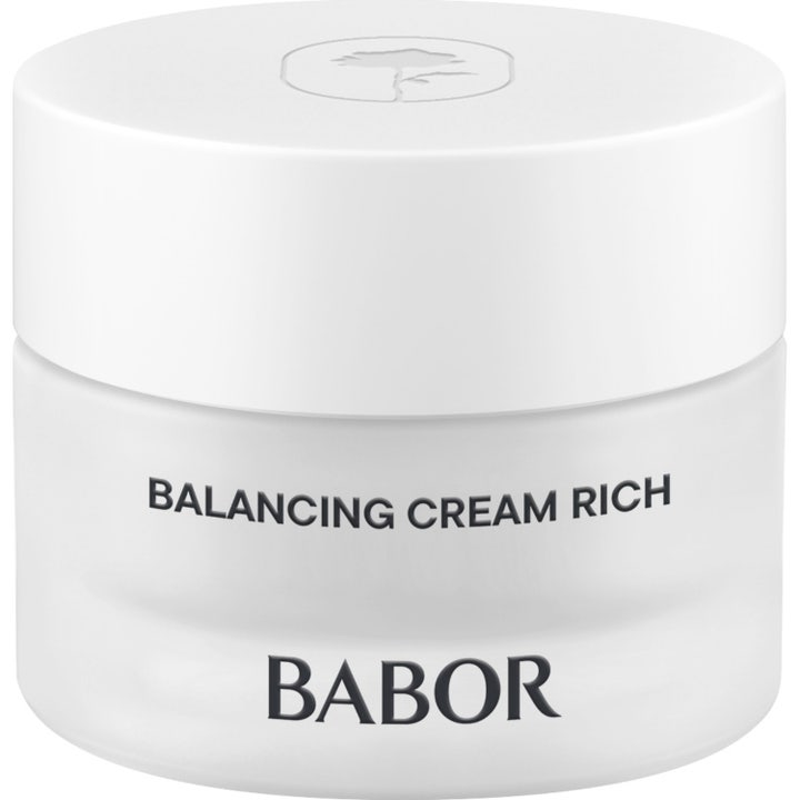 Babor Skinovage Balancing Cream Rich tasapainottava kasvovoide huurteisessa lasipurkissa valkoisella kannella.