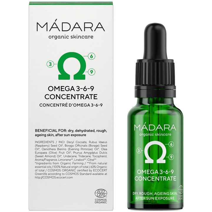MÁDARA Omega 3-6-9 Concentrate 17,5 ml ravitseva seerumi vihreässä pipettipullossa ja valkoisessa pakkauksessa.