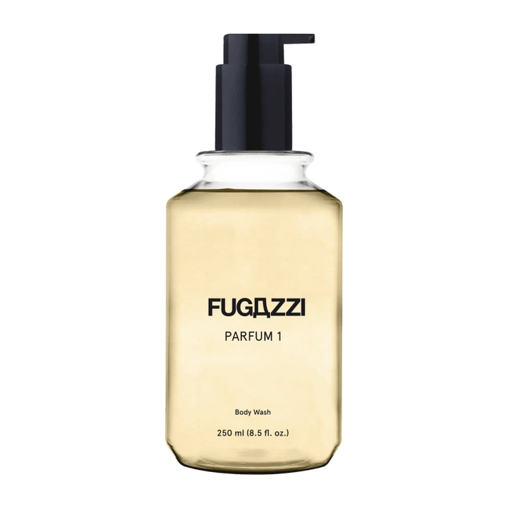 Fugazzi Parfum 1 250 ml puhdistava suihkugeeli kirkkaassa muovipullossa jossa on musta pumppu ja kultainen neste