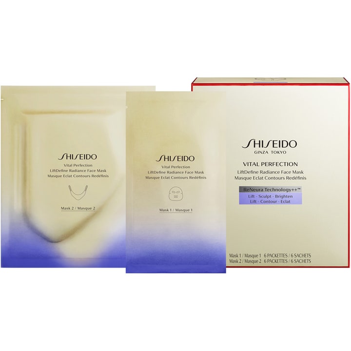 Shiseido Vital Perfection LiftDefine Radiance Face Mask 6 kpl kiinteyttävä sheet mask pakkaus ja pussit