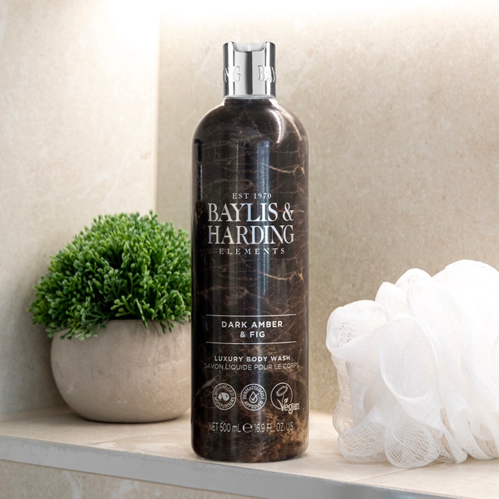 Baylis & Harding Elements Dark Amber & Fig 500 ml suihkusaippua tyylikkäässä marmorikuosisessa pullossa.