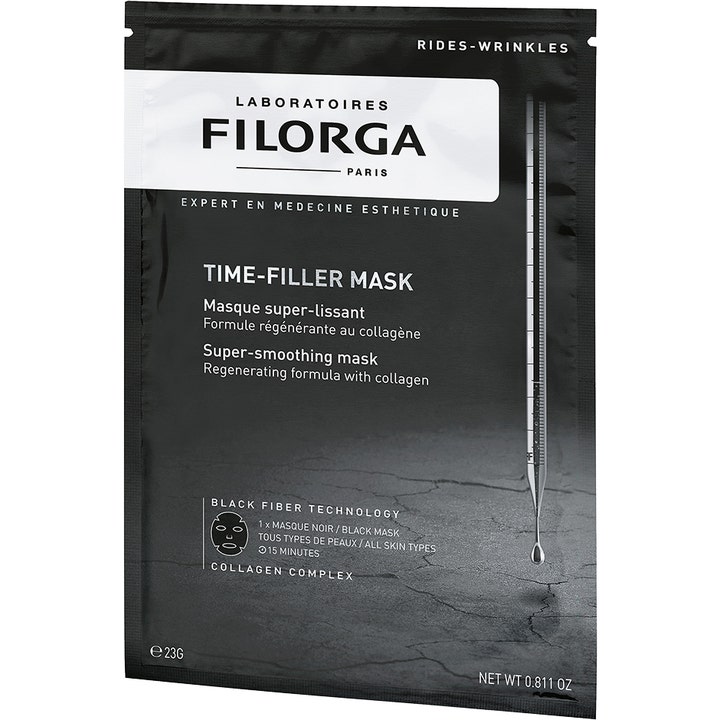 Filorga Time-Filler Mask 23 g silottava ja uudistava kangasnaamio mustassa pakkauksessa pipettikuvioinnilla.