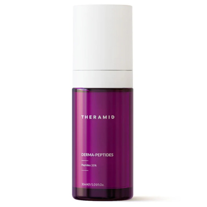 Theramid Derma-Peptides 30 ml kiinteyttävä peptidiseerumi purppurassa läpikuultavassa pullossa valkoisella korkilla