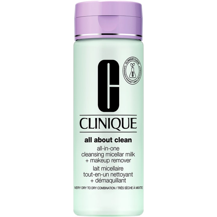 Clinique All About Clean Micellar Milk 200 ml puhdistusmaito poistaa meikin hellästi vaaleanvihreästä pullosta jossa on liila korkki.