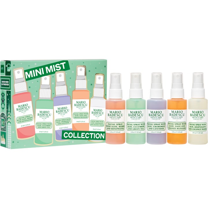 Mario Badescu Mini Mist Collection 5 x 59 ml kasvosuihkesetti viidellä värikkäällä pullolla vihreässä pakkauksessa