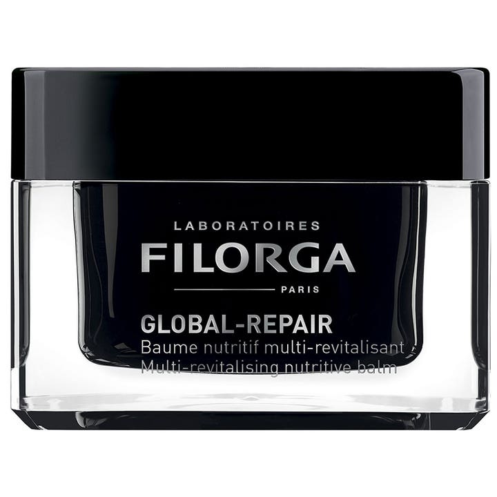 Filorga Global-Repair Baume ravitseva ja elvyttävä voide tyylikkäässä mustassa lasipurkissa, jossa on kiiltävä musta korkki.