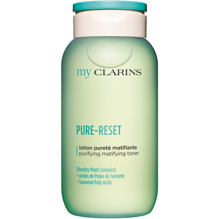 My Clarins Pure-Reset puhdistava ja mattaava kasvovesi rasvoittuvalle iholle vihreässä huurteisessa pullossa