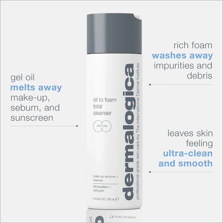 Dermalogica Oil to Foam Cleanser 2x250 ml kasvojen puhdistus valkoisessa pullossa poistaa meikin ja epäpuhtaudet.