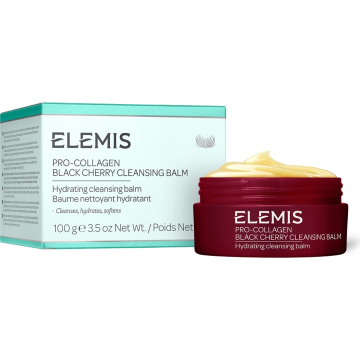 Elemis Pro-Collagen Black Cherry Cleansing Balm 100 g kosteuttava puhdistusvoide tummanpunaisessa purkissa ja vaalea koostumus.