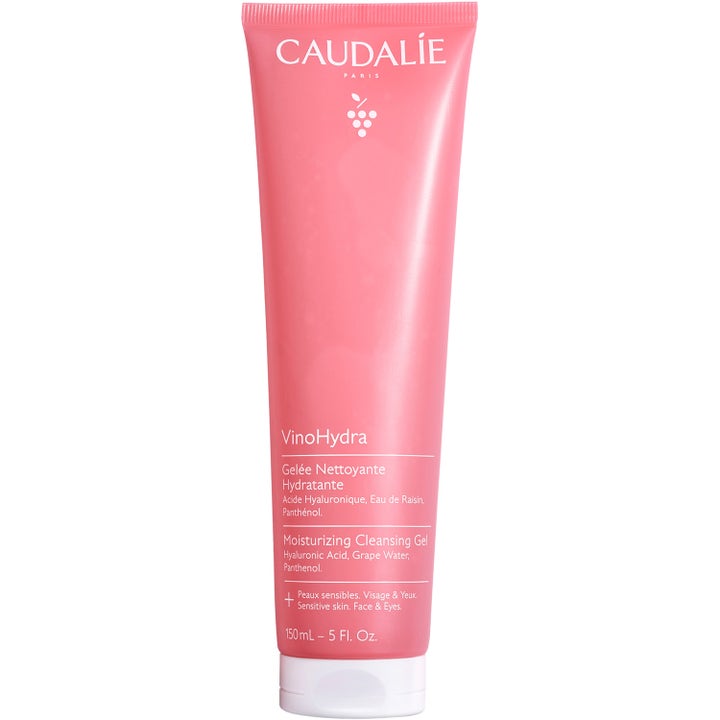 Caudalie VinoHydra 150 ml kosteuttava puhdistusgeeli hyaluronihapolla vaaleanpunaisessa muovituubissa.