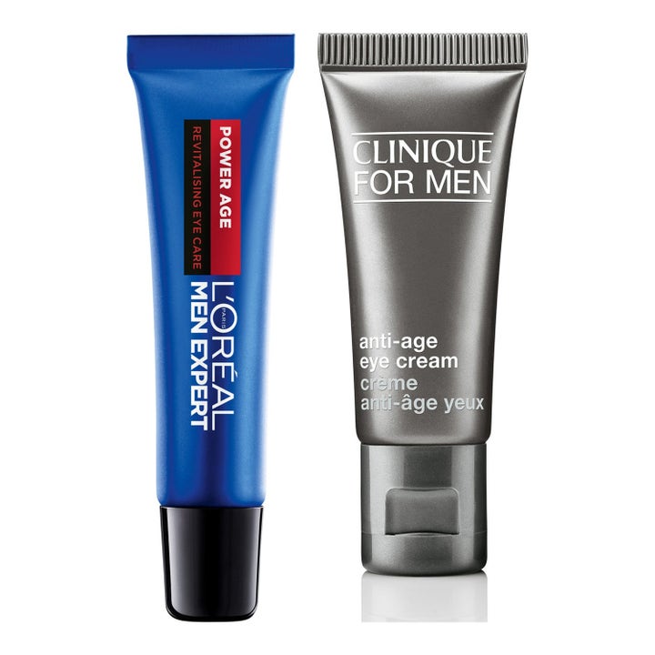L'Oréal Men Expert ja Clinique For Men silmänympärysvoiteet elvyttävä anti-age-hoito sinisessä ja harmaassa tuubissa