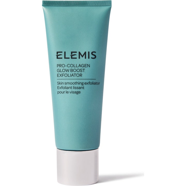 Elemis Pro-Collagen Glow Boost Exfoliator silottava kuorintavoide turkoosissa tuubissa hopeisella korkilla.