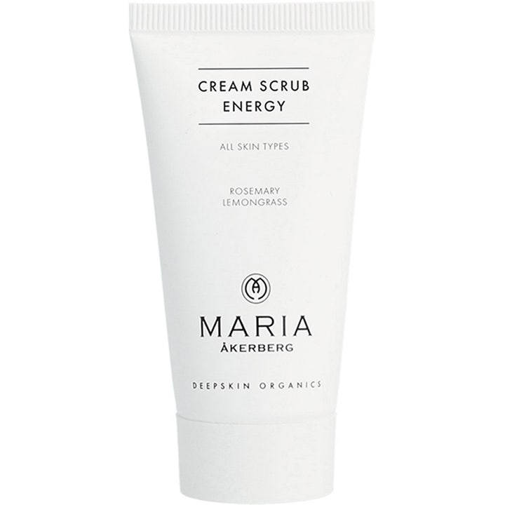 Maria Åkerberg Cream Scrub Energy virkistävä kuorintavoide valkoisessa tuubissa jossa on rosmariinia ja sitruunaruohoa.