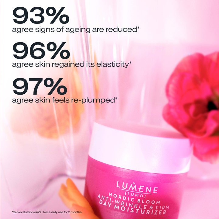 Lumene Nordic Bloom Anti-Wrinkle & Firm Day Moisturizer 50 ml kiinteyttävä päivävoide pinkki purkki ja testitulokset