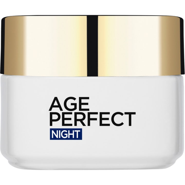 L'Oréal Paris Age Perfect Night 50 ml kiinteyttävä yövoide tyylikkäässä valkoisessa lasipurkissa, jossa on kultainen kansi.