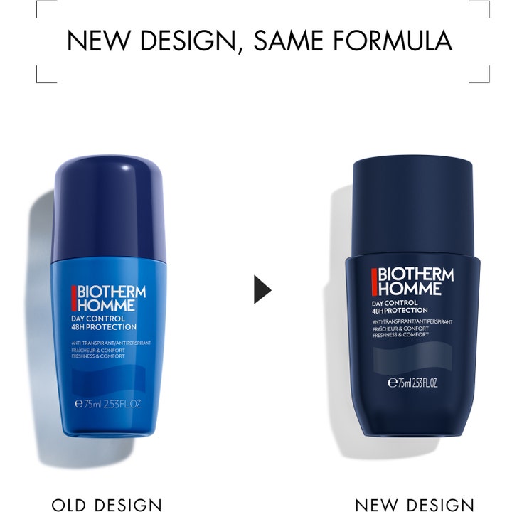 Biotherm Homme Day Control 75 ml antiperspirantti vertailu vanhan ja uuden tummansinisen pakkauksen välillä.