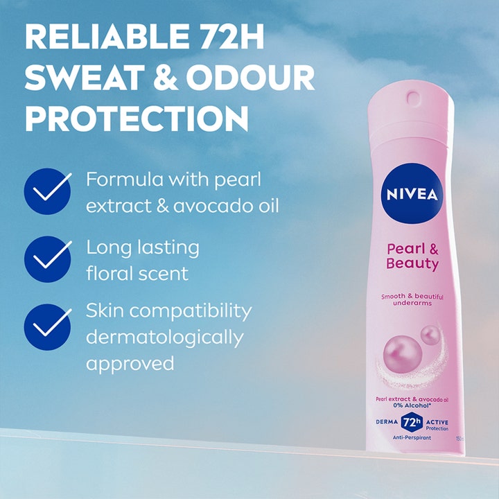 Nivea Pearl & Beauty Deospray 150 ml antiperspirantti antaa 72h suojan helmiuutteella vaaleanpunaisessa pullossa.