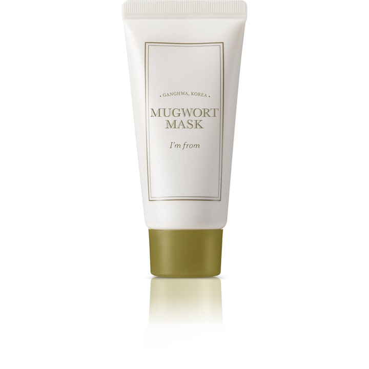 I'm from Mugwort Mask 30 g rauhoittava kasvonaamio valkoisessa tuubissa, jossa on oliivinvihreä korkki ja kultainen teksti.