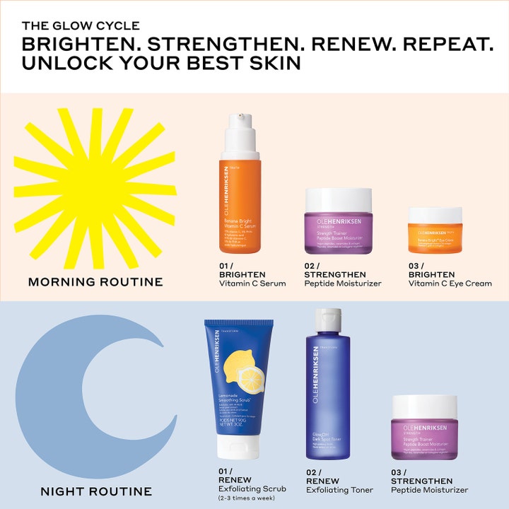 Ole Henriksen Lemonade Smoothing Scrub 90 ml kasvokuorinta osana iltarutiinia sinisessä tuubissa.