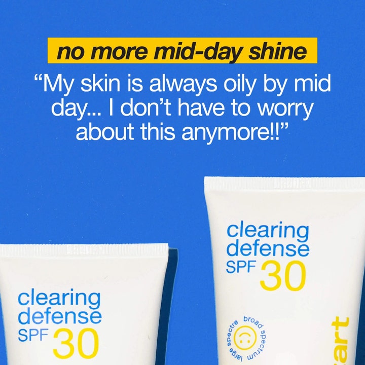 Dermalogica Clear Start Clearing Defense SPF30 59 ml mattaava aurinkovoide ja teksti no more mid-day shine.