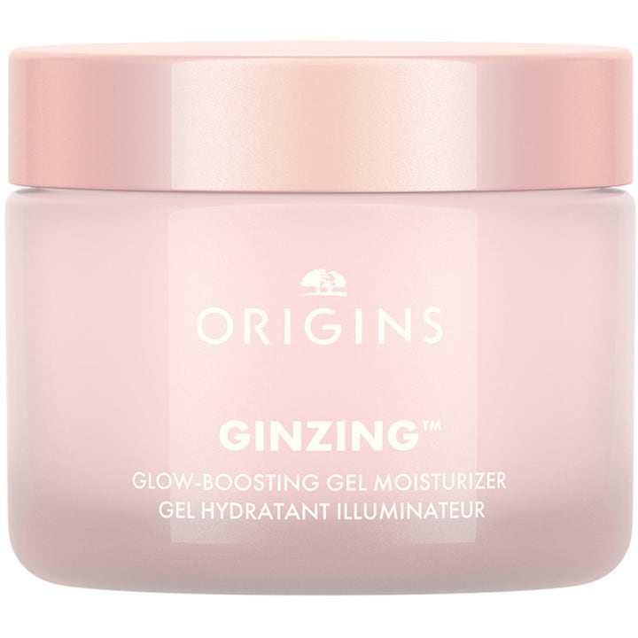 Origins GinZing Glow-Boosting Gel Moisturizer kirkastava geelivoide vaaleanpunaisessa huurteisessa lasipurkissa