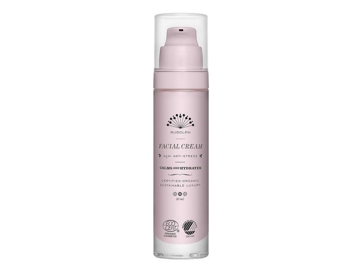 Rudolph Care Açai Anti-Stress Facial Cream 50 ml rauhoittava ja kosteuttava kasvovoide vaaleanvioletissa pumppupullossa.