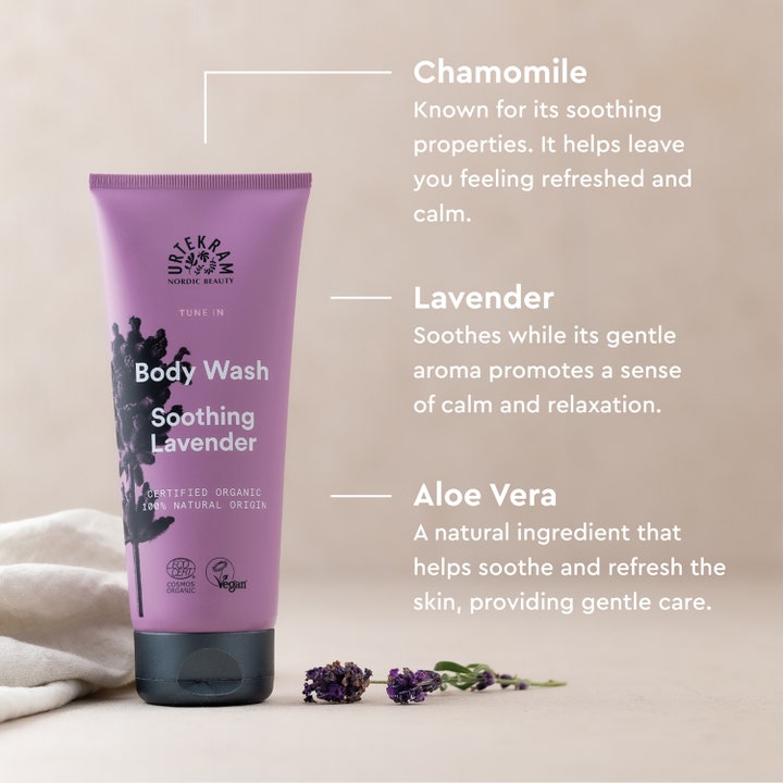 Urtekram Body Wash Soothing Lavender 200 ml rauhoittava suihkugeeli sisältää ihoa hoitavaa aloe veraa ja kamomillaa.