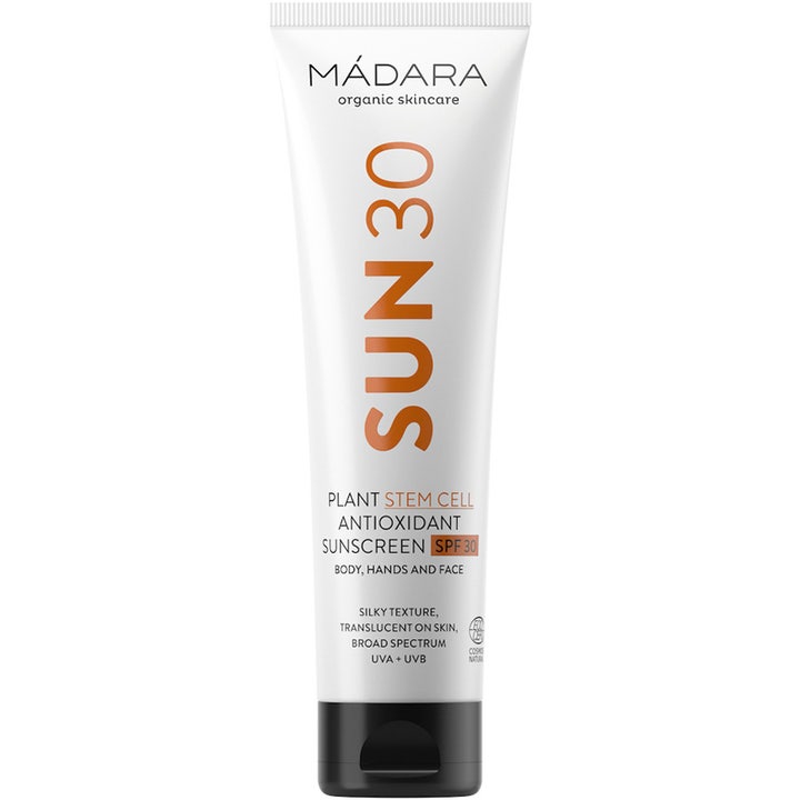 Mádara SUN30 Plant Stem Cell Antioxidant Sunscreen 100 ml aurinkovoide SPF 30 valkoisessa tuubissa oranssilla tekstillä.