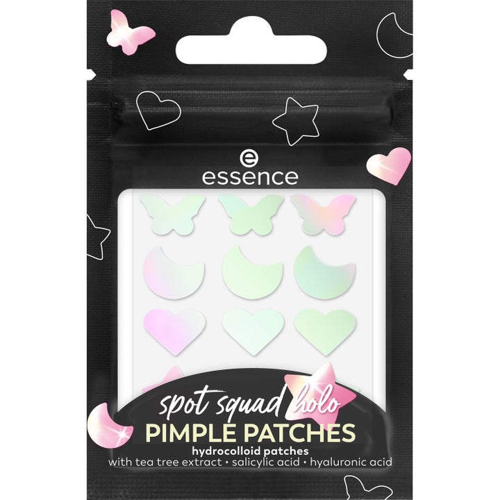 Essence Spot Squad Holo Pimple Patches 24 kpl finnilaastari rauhoittaa ihoa holografisilla perhos- ja sydänkuvioilla.