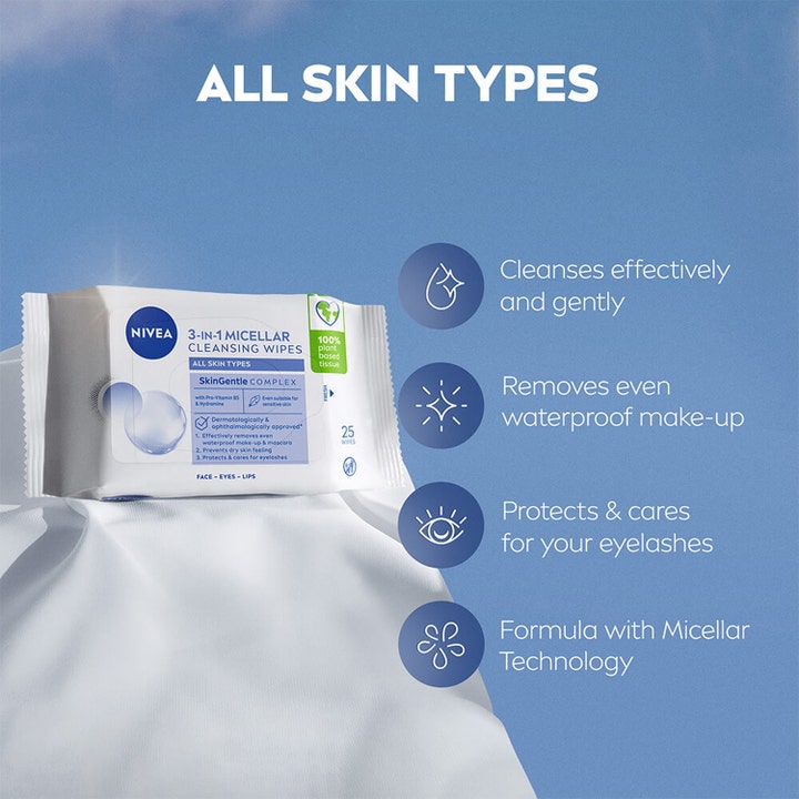 Nivea MicellAIR Expert Wipes 25 kpl puhdistusliinat kaikille ihotyypeille poistavat meikin ja suojaavat ripsiä.