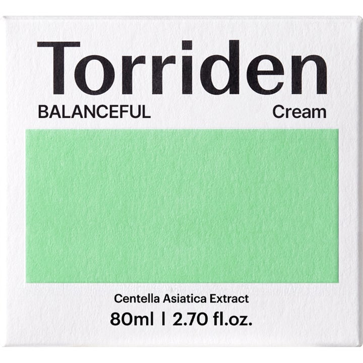 Torriden BALANCEFUL Cica Cream 80 ml rauhoittava kasvovoide valkoisessa pahvipakkauksessa, jossa on vihreä neliö.