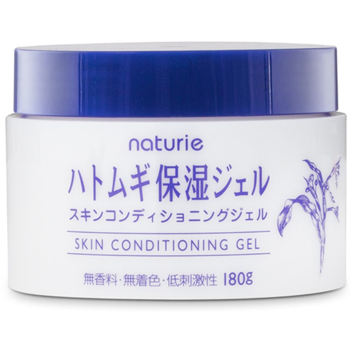 Naturie Hatomugi Skin Conditioning Gel 180g kosteuttava kasvogeeli valkoisessa purkissa violetilla korkilla.