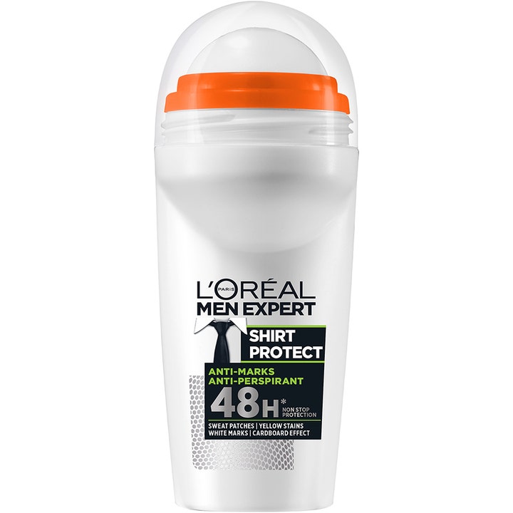 L'Oréal Men Expert Shirt Protect 50 ml antiperspirantti ehkäisee tahroja valkoisessa pakkauksessa oranssilla korkilla.