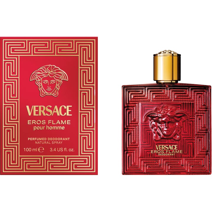 Versace Eros Flame Pour Homme 100 ml raikastava deodoranttisuihke punaisessa pullossa ja kultaisessa pakkauksessa.
