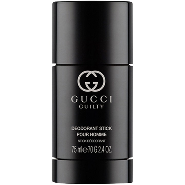 Gucci Guilty Pour Homme 75ml raikastava deodoranttisauva tyylikkäässä mustassa pakkauksessa hopeisella logolla.