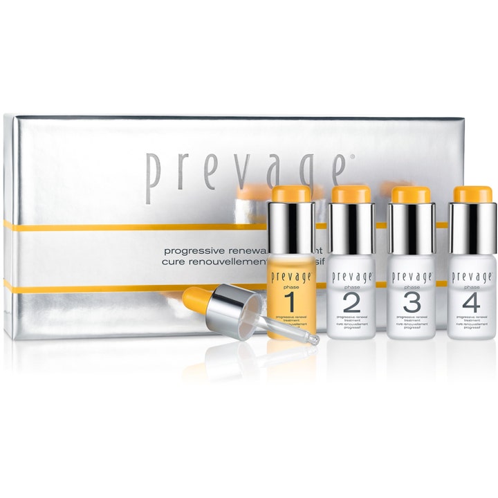 Elizabeth Arden Prevage Progressive Renewal Treatment 4x10ml uudistava seerumi hopeisessa pakkauksessa ja neljä pulloa.