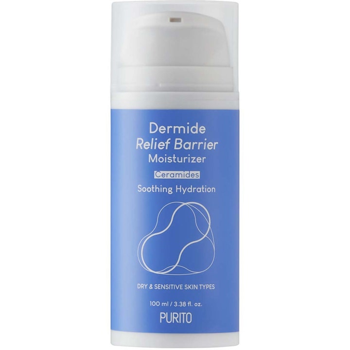Purito Dermide Relief Barrier Moisturizer 100 ml rauhoittava kasvovoide sinisellä etiketillä ja kirkkaalla korkilla