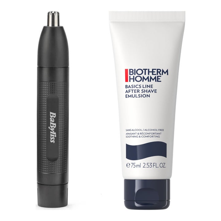 BaByliss Men ja Biotherm Homme 75 ml rauhoittava setti sisältää mustan trimmerin ja valkoisen after shave -tuubin.