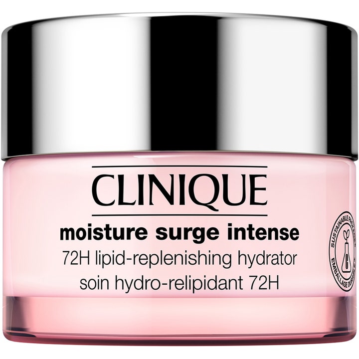 Clinique Moisture Surge Intense 72H lipid-replenishing hydrator kosteusvoide vaaleanpunaisessa lasipurkissa hopeisella korkilla.