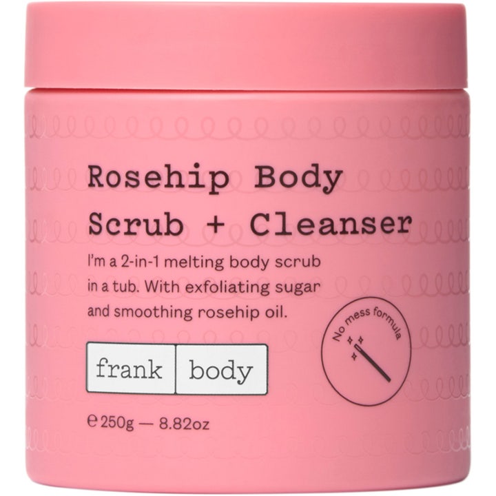 Frank Body Rosehip Body Scrub + Cleanser 250g ihoa silottava vartalokuorinta vaaleanpunaisessa kannellisessa purkissa