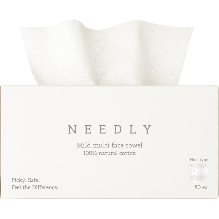Needly Mild Multi Face Towel 80 kpl hellävarainen kasvopyyhe valkoisessa rasiassa josta nousee pehmeä puuvillaliina