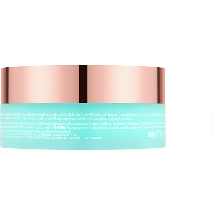 FOREO IRIS Hydrating Hydrogel Eye Mask 60 g kosteuttava silmänympärysnaamio turkoosissa purkissa ruusukultaisella kannella