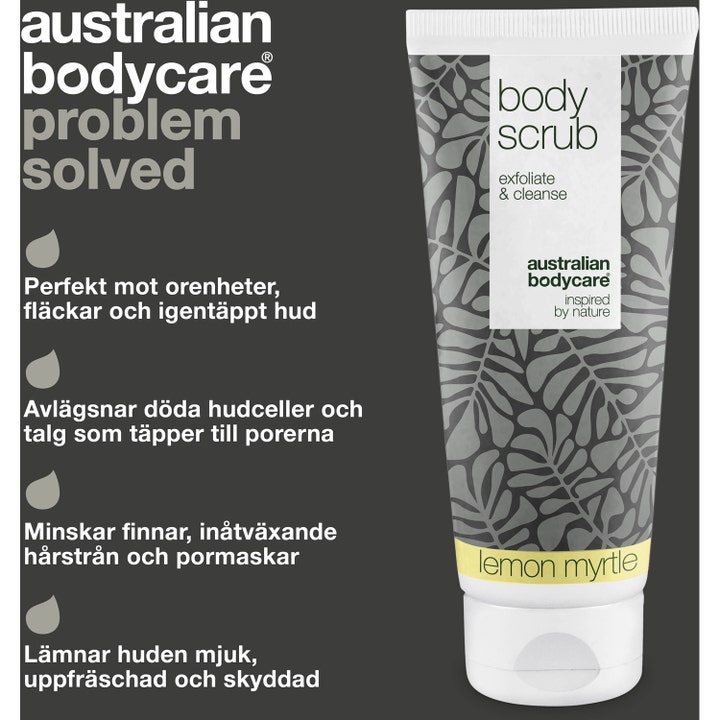 Australian Bodycare Body Scrub Lemon Myrtle 200 ml kuorinta epäpuhtauksia vastaan harmaakuvioisessa tuubissa.
