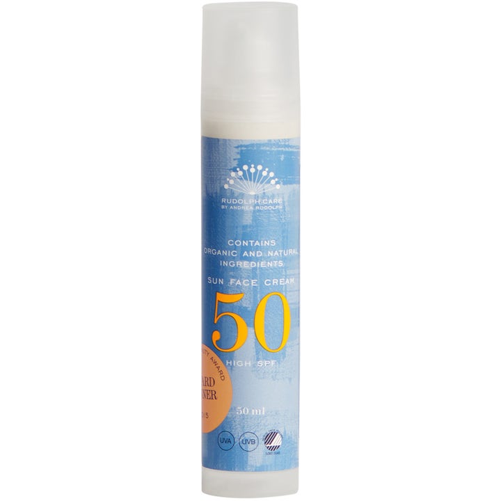 Rudolph Care Sun Face Cream SPF 50 50 ml suojaava kasvoaurinkovoide valkoisessa pumppupullossa sinisellä etiketillä.