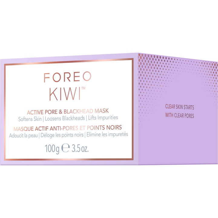 FOREO KIWI Active Pore & Blackhead Mask 100 g mustapäitä poistava kasvonaamio vaaleanliilassa ulkopakkauksessa.