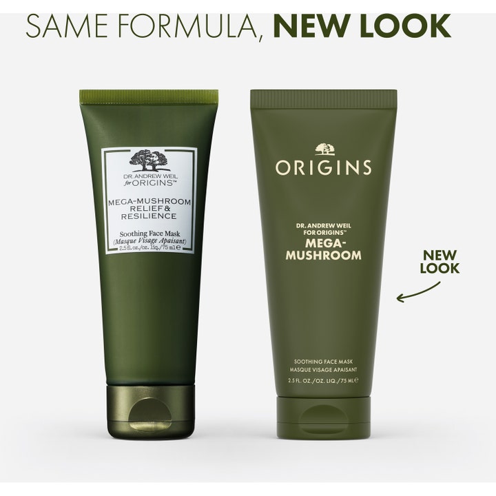 Origins Dr. Weil Mega-Mushroom 75 ml rauhoittava kasvonaamio vanhassa ja uudessa vihreässä tuubipakkauksessa.