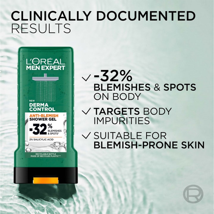 L'Oréal Paris Men Expert Derma Control 300 ml suihkugeeli vähentää epäpuhtauksia 32 % ja sisältää salisyylihappoa.
