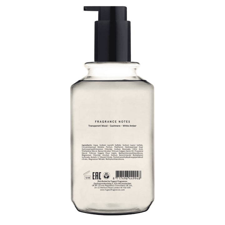 Fugazzi Angel Dust Body Wash 250 ml vegaaninen suihkugeeli läpinäkyvässä pumppupullossa jossa näkyy tuoksunuotit