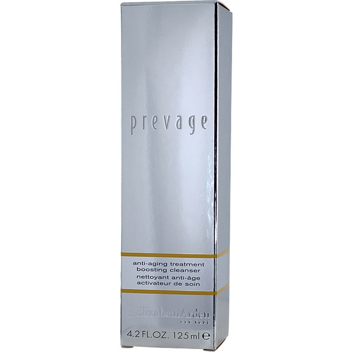 Elizabeth Arden Prevage Anti-Aging Treatment Boosting Cleanser 125 ml puhdistusgeeli hopeisessa metallinhohtoisessa rasiassa.